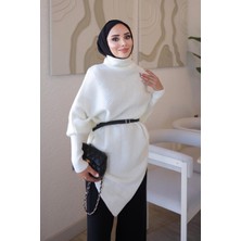 İmaj Butik Ekru Asimetrik Kesim Kemerli Yumuş Triko Kazak