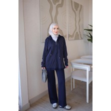 İmaj Butik Lacivert Kapüşonlu Tunik Pantolonlu Taşlı Triko Takım