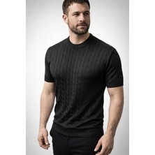 Pileli Store Erkek Yazlık Triko Dokuma Tişört Kısa Kol Bisiklet Yaka Örgü Desenli T-Shirt - Siyah