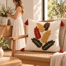 Buldan Natura Başak Renkli Yaprak Punch Nakışlı Pamuk Dokuma Dekoratif Kırlent Kılıfı 42×42 cm – Renk: Natural