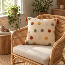 Buldan Natura Puantiye Benekli Nakışlı Dekoratif Kırlent Kılıfı – Keten / Natural 43×43 cm – Renk: Krem - Çok Renkli