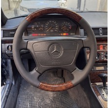 Stilix Garage Mercedes W124 E200 Araca Özel Dikmeli Direksiyon Kılıfı Ahşap Düz Deri