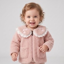Lova Baby Kız Bebek Pembe Peluş Hırka Çiçek Yakalı Fermuarlı Cepli Kışlık Hırka