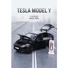 Farbu Oyuncak Tesla Model Y Model Şarj Istasyonlu Araç 1:24 Ölçek 6 Kapı Açılır Sesli, Işıklı Standlı Metal Araba