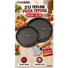 Bymyhand Teflon Kaplama Siyah Yanmaz Yapışmaz Pizza Tepsisi 2'li Set 28 32 cm Pizza Kesici Hediyeli