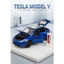Farbu Oyuncak Tesla Model Y Model Şarj Istasyonlu Araç 1:24 Ölçek 6 Kapı Açılır Sesli, Işıklı Standlı Metal Araba