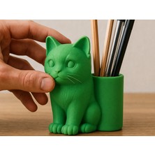 Solmazlar Online 3D Baskı Kedi Figürlü Kalemlik - Masaüstü Organizer - Yeşil