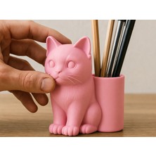 Popüler Sepet 3D Baskı Kedi Figürlü Kalemlik - Masaüstü Organizer - Pembe
