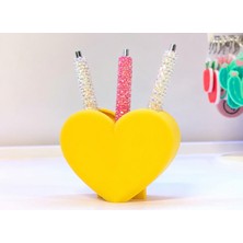 Popüler Sepet 3D Baskı Kalp Şekilli Kalemlik - Masaüstü Organizer - Sarı
