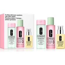 Clinique 3 Adımlı Cilt Bakım Sistemi – Yağlı Ciltler Için Yüz Temizleme Jeli 200ML, Tonik Losyon 200ML, Nemlendirici 125ML