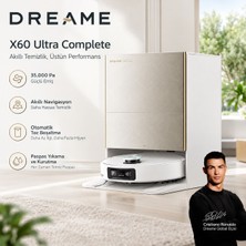 Dreame X60 Ultra Complete Robot Süpürge, 35.000 Pa Güçlü Emiş, Akıllı Navigasyon, Otomatik Toz Boşaltma, Paspas Yıkama ve Kurutma, Beyaz Ev Temizliği