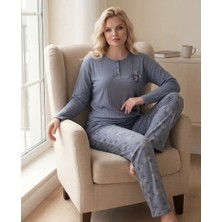 Kadın Kışlık Büyük Beden Curve Nakışlı Desenli Yakası Düğmeli Uzun Kollu Pijama Takımı