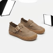 Hakiki Deri Bej Renkli Tokalı Casual Günlük Kadın Ayakkabı, Konforlu Düz Taban Sneaker
