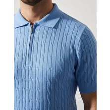 Pileli Store Erkek Yazlık Triko Saç Örgü Tişört Kısa Kol Polo Yaka Fermuarlı T-Shirt - Bebe Mavisi