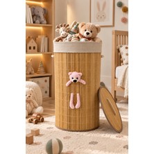 Naturel Dekor Bambu Pembe Peluş Ayıcık Detaylı Silindir Kirli Çamaşır Sepeti, Oyuncak Sepeti 35X60 Cm, Katlanabilir Bebek, Çocuk, Bohem, Modern