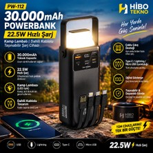 HiboTekno 30.000MAH Powerbank PW-112 | 22.5W Hızlı Şarj, Kamp Lambalı, Dahili Kablolu Taşınabilir Şarj Cihazı