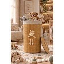 Naturel Dekor Bambu Peluş Tavşan Detaylı Silindir Kirli Çamaşır Sepeti, Oyuncak Sepeti 35X60 Cm, Katlanabilir Bebek, Çocuk, Bohem, Modern