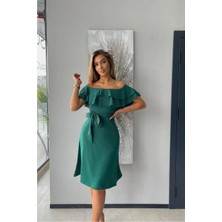 Defy Moda Kadın Şık Detay Krep Kumaş Kayık Yaka Kuşaklı Abiye Elbise