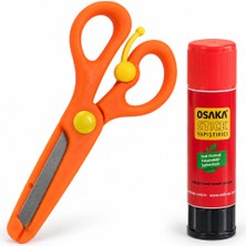 Osaka Çocuk Makası Turuncu – Korumalı Küt Uçlu Yaylı Çelik Bıçaklı Makas ve 9 gr Stick Yapıştırıcı Seti