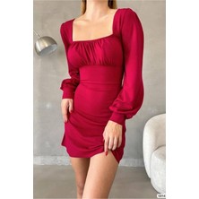 Defy Moda Kadın Minimal Krep Kumaş Kare Yaka Uzun Kollu Elbise
