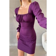 Defy Moda Kadın Minimal Krep Kumaş Kare Yaka Uzun Kollu Elbise
