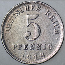 Banknoting Almanya 5 Pfennig 1918 A. I. Dünya Savaşı Dönemi.