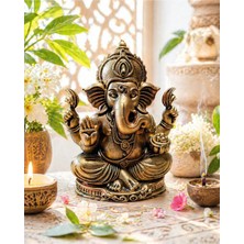Şımartan Gold Ganesha Heykeli – Altın Eskitme Hindu Şans ve Bereket Figürü Biblo Masa Süsü Heykel