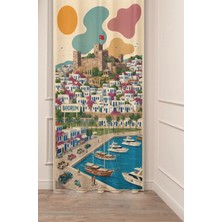 Greendecor Bodrum Muğla Temalı Retro Illüstrasyon Fon Perde - Bodrum Kalesi, Yel Değirmenleri & Ege Sokakları Beyaz Evler Motifli Estetik Dijital Baskılı Perde