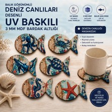 Şımartan Deniz Canlıları Desenli Balık Şekilli Mdf Bardak Altlığı – Uv Baskılı Dekoratif 6’lı Set