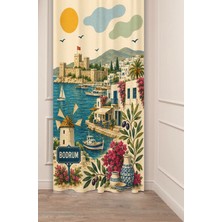 Greendecor Bodrum Muğla Temalı Retro Illüstrasyon Fon Perde - Bodrum Kalesi, Yel Değirmenleri & Ege Sokakları Beyaz Evler Motifli Estetik Dijital Baskılı Perde