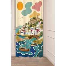 Greendecor Bodrum Muğla Temalı Retro Illüstrasyon Fon Perde - Bodrum Kalesi, Yel Değirmenleri & Ege Sokakları Beyaz Evler Motifli Estetik Dijital Baskılı Perde