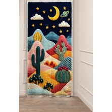 Greendecor Kozmik Çöl Rüyası - Ay ve Yıldızlar Punch Nakış Görünümlü Bohem Stil Desenli Chiccollage Özel Tasarımlı Dijital Baskılı Fon Perde