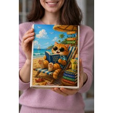 Şımartan Tatil Keyfi Kedi Tasarımlı %100 Pamuklu Kitap ve Defter Kılıfı (23X31 Cm) , "kitaplarınız Tatil Arkadaşınız Olsun"