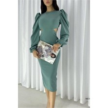 Defy Moda Kadın Klasik Krep Kumaş Degaje Yaka Yırtmaçlı Midi Abiye Elbise