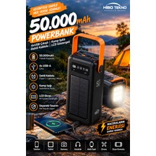 HiboTekno 50.000MAH Güneş Enerjili Powerbank 22.5W Hızlı Şarj 4x USB Dahili Type-C Lightning Micro Kablolu LCD Ekranlı Kamp Işıklı