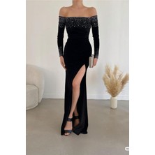 Defy Moda Kadın Özel Tasarım Esnek Kadife Kumaş Yırtmaçlı Uzun Kollu Abiye Elbise