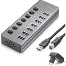 Evimdeyokyok USB 3.0 Anahtarlı Güç Adaptörlü Hub 7 Port 5 Gbps Gri HDX7047