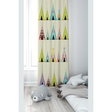 Gültekin Pelangi Krem Çadır Desenli Dijital Baskı Yıkanabilir Bebek Çocuk Odası Fon Perdesi, Krem-Sarı 70 x 240