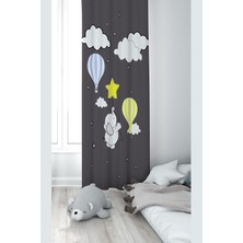 Gültekin Pelangi Gri Fil ve Bulut Desenli Dijital Baskı Yıkanabilir Bebek Çocuk Odası Fon Perdesi, Füme 140 x 200