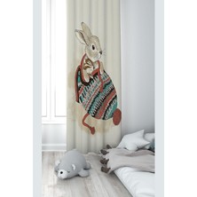 Gültekin Pelangi Krem Tavşan Desenli Dijital Baskı Yıkanabilir Bebek Çocuk Odası Fon Perdesi, Bej-Yeşil 140 x 240