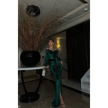 Defy Moda Kadın Kadife Kumaş Kruvaze Yaka Maxi Abiye Elbise