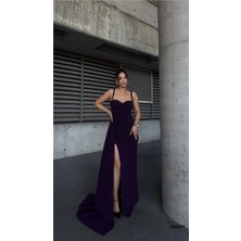 Defy Moda Kadın Trend Model Kalp Yaka Yırtmaçlı Maxi Askılı Abiye Elbise