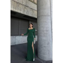 Defy Moda Kadın Kayık Yaka Taş Detaylı Uzun Kollu Abiye Elbise
