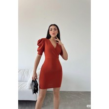 Defy Moda Kadın Krep Kumaş Kruvaze Yaka Kısa Kollu Abiye Elbise