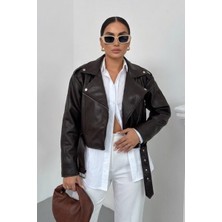 Msm Fashion  Kadın Deri Ceket Kısa Kemerli Çift Cepli Uzun Kollu Fermuarlı Suni Deri Biker Mont