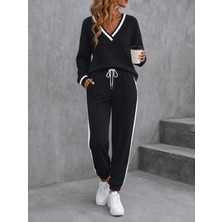 Trend Cojans Kadın Uzun Kollu V Yakalı Waffle Bluz ve Bağcıklı Pantolon Ikili Takım