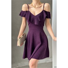 Defy Moda Kadın Minimal Esnek Krep Kumaş Kruvaze Yaka Volanlı Abiye Elbise