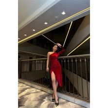 Defy Moda Kadın Kadife Kumaş Asimetrik Yaka Yırtmaçlı Midi Abiye Elbise