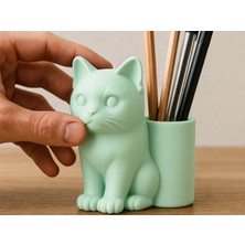 Svoria Store 3D Baskı Kedi Figürlü Kalemlik - Masaüstü Organizer - Mint