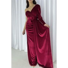 Defy Moda Kadın Zarif Stil Kadife Kumaş Tek Omuz Kemerli Maxi Abiye Elbise